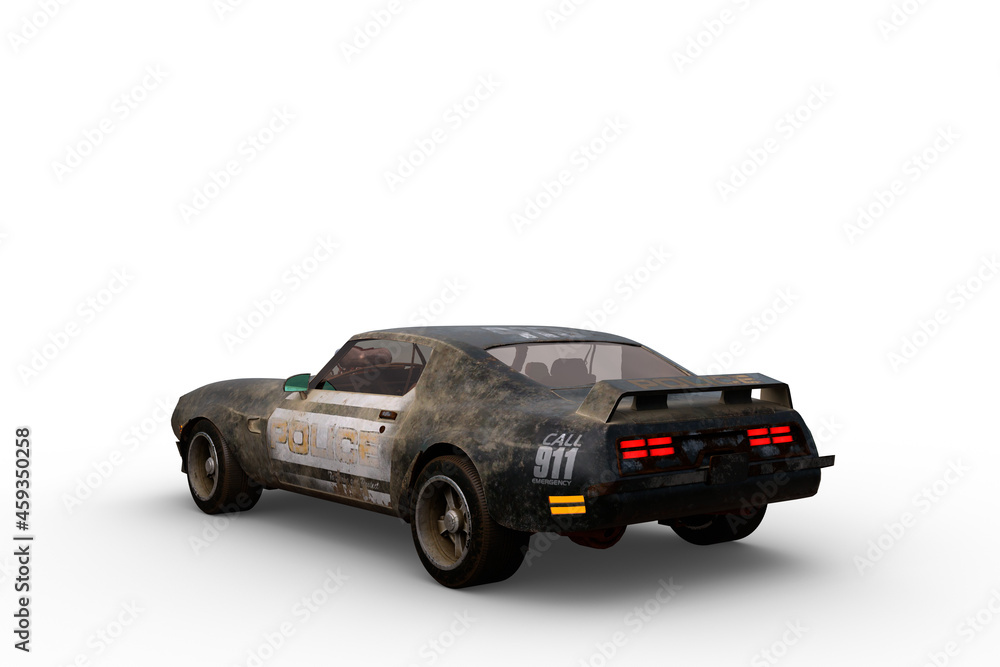 Poster rear view 3d rendering of a vintage american high performance police car isolated on a white backgro