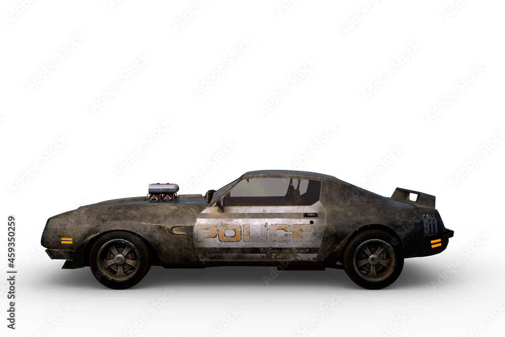 Poster side view 3d rendering of a vintage american high performance police car isolated on a white backgro