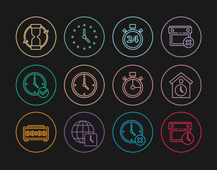 Set line Calendar and clock, Retro wall watch, Stopwatch 24 hours, Clock, Old hourglass, and icon. Vector