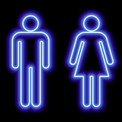 Neon blue symbol of the WC toilet male female on black background. Icon illustration