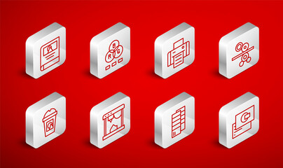 Set line Business card, RGB color mixing, Printer, Paper roll of printing press, Pantone, Photo album gallery, 3D printer and Coffee cup go icon. Vector