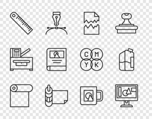 Set line Roll of paper, Computer monitor screen, Torn document, Ruler, Photo album gallery, Coffee cup and Printer ink bottle icon. Vector