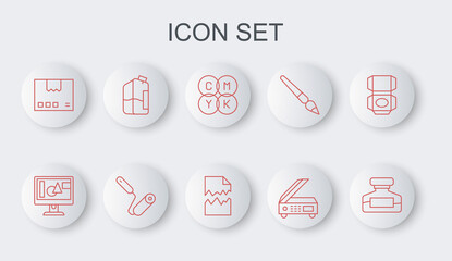 Set line Ink bottle, Computer monitor screen, CMYK color mixing, Scanner, Carton cardboard box, Printer ink, Paint roller brush and Torn document icon. Vector