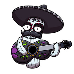 Mexican Sugar Skull Cactus Playing Guitar Cartoon 