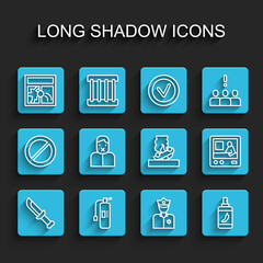 Set line Military knife, Fire extinguisher, Broken window, Police officer, Pepper spray, Censor and freedom speech, Television report and Burning car icon. Vector