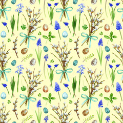 Seamless pattern with willow branches, eggs, spring herbs, seasonal flowers. Watercolor Easter background. Best for fabric, wrapping paper, holiday spring decor