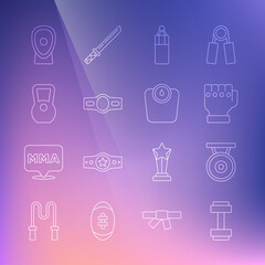 Set line Dumbbell, Gong, MMA glove, Punching bag, Boxing belt, Kettlebell, training paws and Bathroom scales icon. Vector
