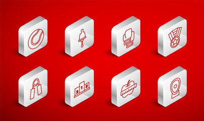 Set line Boxing training paws, Ringing bell, glove, Medal, Apple and measuring tape, Tennis ball, Award over sports winner podium and Sport expander icon. Vector