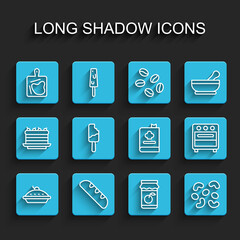 Set line Homemade pie, French baguette bread, Cutting board, Jam jar, Jelly candy, Ice cream, Oven and Cookbook icon. Vector