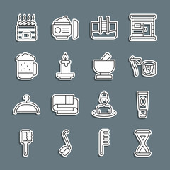 Set line Sauna hourglass, Cream or lotion cosmetic tube, Wooden axe in stump, Swimming pool with ladder, Aroma candle, beer mug, Hot sauna stones and Mortar pestle icon. Vector