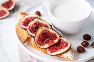 toast with figs, a cup of milk and nuts for breakfast