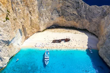 Papier Peint photo Lavable Plage de Navagio, Zakynthos, Grèce Greece iconic vacation picture. Aerial drone view of the famous Shipwreck Navagio Beach on Zakynthos island, Greece