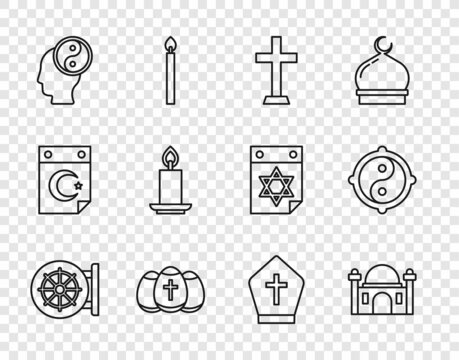 Set line Dharma wheel, Muslim Mosque, Christian cross, Easter egg, Yin Yang, Burning candle, Pope hat and icon. Vector
