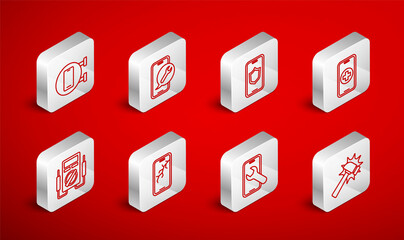 Set line Hammer, Mobile service, with shield, Phone repair, broken screen and Multimeter icon. Vector