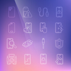 Set line Mobile with broken screen, shield, Glass protector, USB cable cord, Smartphone and Phone repair service icon. Vector