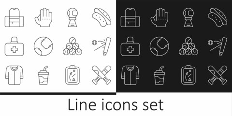 Set line Crossed baseball bat, Baseball with, Award cup, First aid kit, Sport bag, and glove icon. Vector