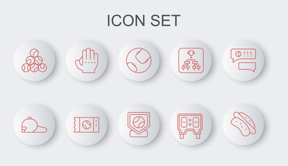 Set line Hotdog sandwich, Baseball cap, mechanical scoreboard, glove, ticket and base icon. Vector