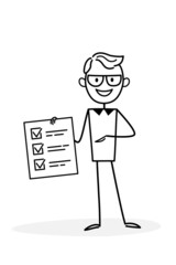 Business concept for web design. A businessman taking part in business activity. The entrepreneur successfully solved the problems, has implemented all the tasks. The outline of a vector funny illustr