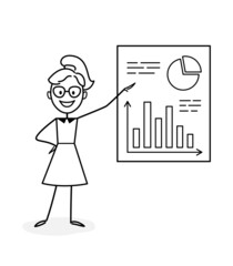 Businesswoman working, making a presentation, developing ideas, taking part in business activities. Online learning. Business plan. Concept for web design. The outline of a vector illustration.