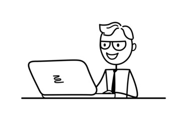 A remote employee communicates via the Internet. Businessman working, taking part in business activities. Telecommuting.  Working from home. Online learning. Concept for web design. 