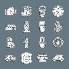 Set line Electric car, Recharging, saving plug leaf, LED light bulb, Antenna, Solar energy panel, Check engine and icon. Vector