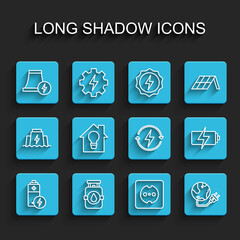 Set line Battery, Propane gas tank, Nuclear power plant, Electrical outlet, Global energy planet, Smart house and light bulb, and Recharging icon. Vector