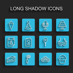 Set line Piece of cake, Birthday party horn, Ice cream in waffle cone, Home stereo with two speakers, Muffin, Postcard heart, Festive mask and Balloon ribbon icon. Vector