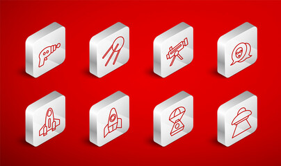 Set line UFO flying spaceship, Satellite, Telescope, Alien, Space capsule, Ray gun, Rocket and icon. Vector