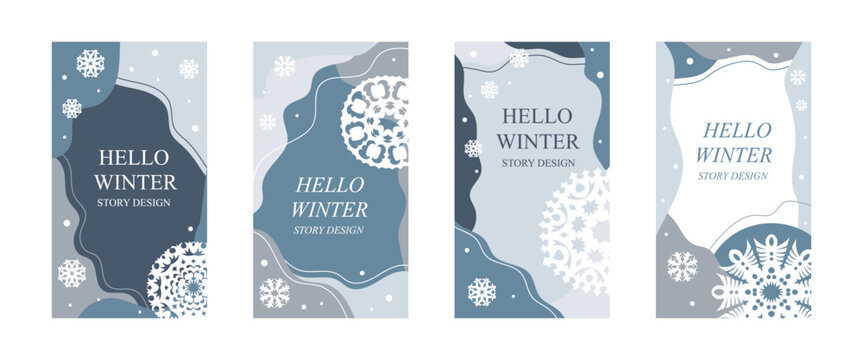 Winter story template for social media, blue background with snowflakes, vector illustration