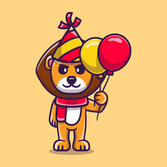 cute lion celebrating happy new year or birthday with balloons
