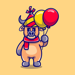 cute buffalo celebrating happy new year or birthday with balloons