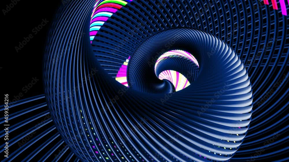 Poster 4k abstract looped dark background with curved lines like tubes twisted in helix and multicolor neon