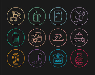 Set line Nicotine gum in blister pack, Heartbeat increase, No smoking area, Smoking pipe with smoke, Trash can, Hypnosis, disease and Electronic cigarette icon. Vector