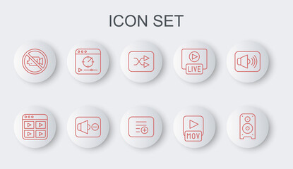 Set line Stereo speaker, Music playlist, Arrow shuffle, MOV file, Prohibition no video recording, Online, Speaker mute and Add to icon. Vector