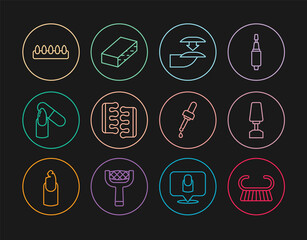 Set line Pedicure brush or grater, Milling cutter for manicure, False nails, Toe separator pedicure, Nail file, Pipette with oil and icon. Vector