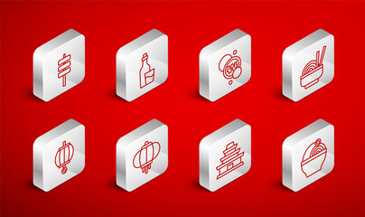 Set line Ramen, Soju bottle, South Korean won coin, Asian noodles bowl, temple, food tokpokki, lantern and icon. Vector