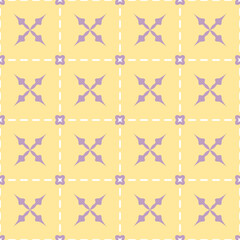 Dainty seamless pattern of squares, crosses and arrows. Ar deco style abstract geometric tile ornament. Gold, purple and white colors. For textile and paper design