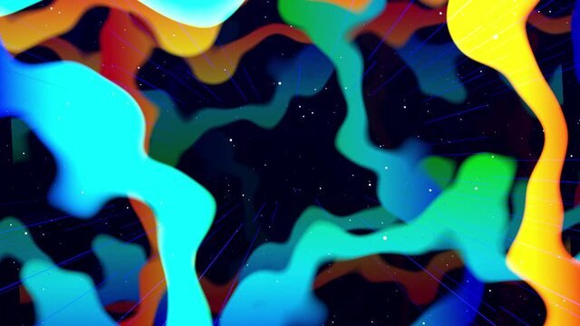 Motion graphic abstract colorful looped bg modern art, fly in art space, multilayer structure with pattern, glow particles and lines. Ornamental texture rainbow gradient color. Motion design vj loop.