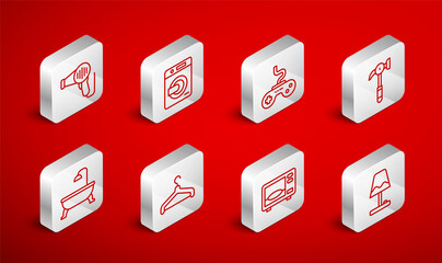 Set line Table lamp, Washer, Gamepad, Hammer, Microwave oven, Hair dryer, Hanger wardrobe and Bathtub icon. Vector