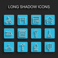 Set line Hanger wardrobe, Hammer, Gamepad, Office chair, Cutting board, Oven, Handle broom and House key icon. Vector