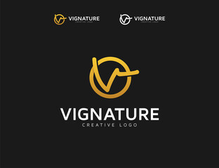 Modern golden line signature letter v typography logo template