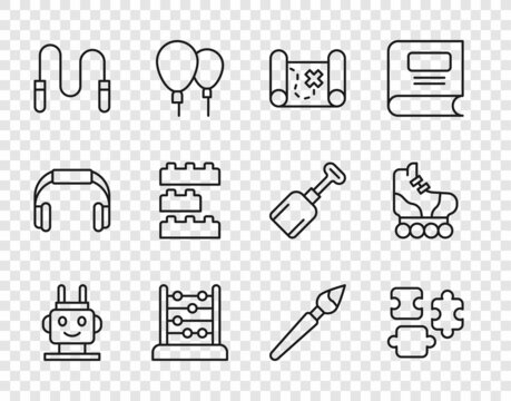 Set line Robot toy, Puzzle pieces, Pirate treasure map, Abacus, Jump rope, Toy building block bricks, Paint brush and Roller skate icon. Vector