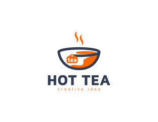 Hot tea and mug illustration logo design template