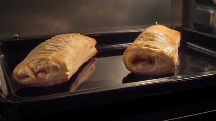 Timelapse - two puff pastry buns with apple jam baking and rising on tray in electric oven in kitchen at home. Homemade bakery, food, cooking, pastry and time lapse concept