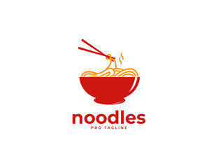 Shiny red bowl with noodles logo illustration