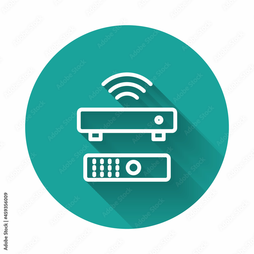 Poster white line wireless multimedia and tv box receiver and player with remote controller icon isolated w