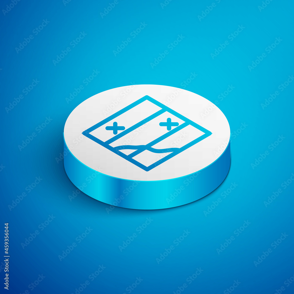 Poster isometric line folded map icon isolated on blue background. white circle button. vector