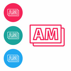 Red line Clock AM icon isolated on white background. Time symbol. Set icons in circle buttons. Vector