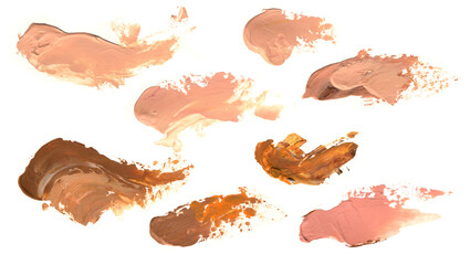 Pink, beige and brown paint brush strokes with thick texture looks like makeup smear, foundation,  blush, lipstick. Isolated on white background. 