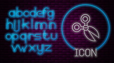 Glowing neon line Scissors icon isolated on brick wall background. Cutting tool sign. Neon light alphabet. Vector